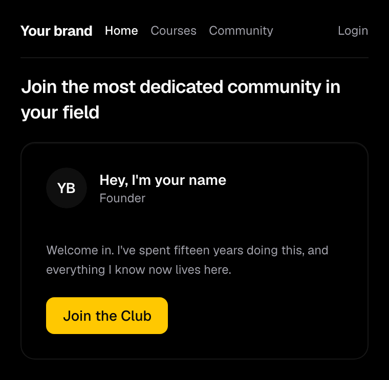 A creator storefront in Alto: navigation, welcome block and Join button